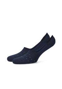 Granatowe skarpetki do kostek w jasnoniebieskie kropki, wykonane z miękkiego materiału, z niskim krojem oraz wzmocnionymi piętami i palcami.