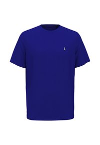 Kobaltblauw T-shirt met korte mouwen van katoen; voorzien van een klein geborduurd logo op de borst en een ronde halslijn. Glad textuur.