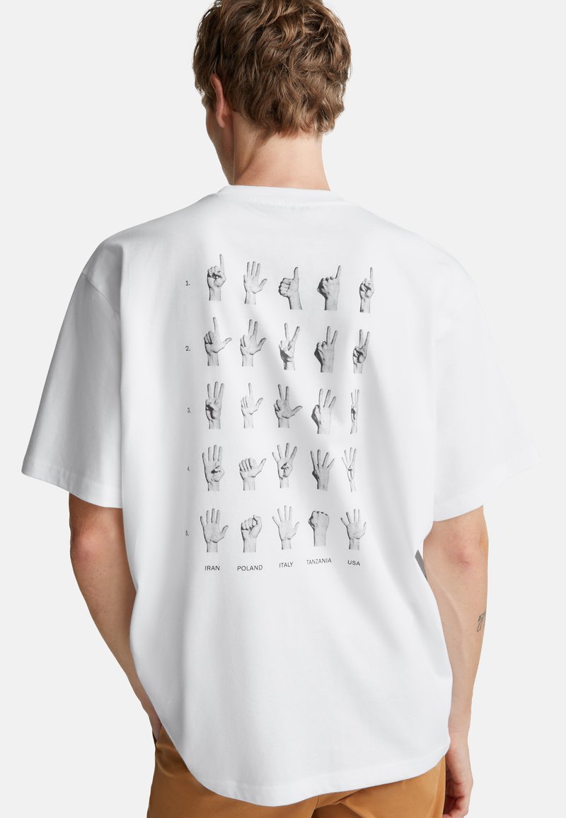 Muž v bílém tričku ukazuje černobílé ruční signály uspořádané do řad a sloupců, s názvy zemí uvedenými na spodním okraji.