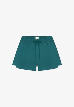 Turquoise korte broek met trekkoord, elastische tailleband en zijschlitten, ontworpen voor casual of sportief gebruik.
