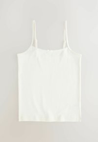 White camisole with thin straps, a lace trim at the neckline, and a small bow detail at the back. Material appears soft and stretchy.