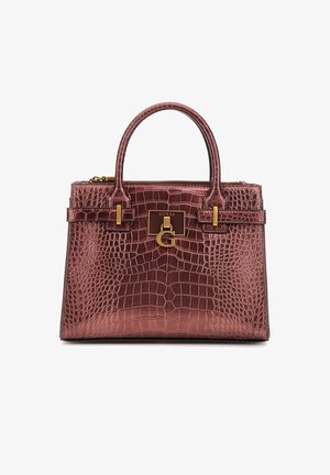 Krokotilia kuviolla varustettu käsilaukku kiiltävässä burgundin punaisessa, jossa on kultaiset yksityiskohdat, kaksoiskortit. Edessä logo-plakaatti. Vetoketjullinen yläosa.