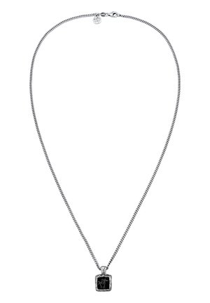 Silver chain necklace with a textured, rectangular pendant featuring a black stone and an engraved design. Chain is finely woven.