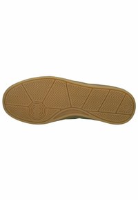 Suola di scarpa in gomma marrone con un motivo a spina di pesce testurizzato, marchio circolare e design sagomato. Bordi lisci e finitura resistente.