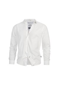 Chemise en coton blanche avec manches longues, devant boutonné, col pointu et un petit logo sur la poitrine. Tissu texturé.