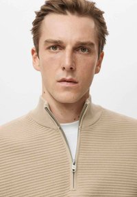Beżowy sweter o fakturze, z wysokim kołnierzem i zapięciem na suwak. Noszony na białej koszuli, z prążkowaniem i prostym designem.