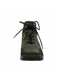 Dark gray lace-up boot with suede and synthetic materials, contrasting black accents, rubber sole, and stitched detail along the edges.