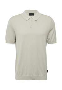 Męska koszulka polo z krótkim rękawem w jasnoszarym kolorze, wykonana z miękkiej tkaniny, z klasycznym kołnierzykiem i zapięciem na trzy guziki. Prosty design bez wzorów.