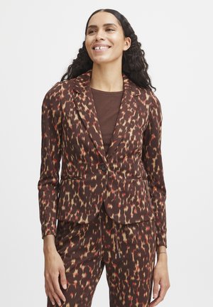 Brown patterned blazer with a smooth texture, featuring red and beige accents. Tailored design with a single button closure and notched lapels.