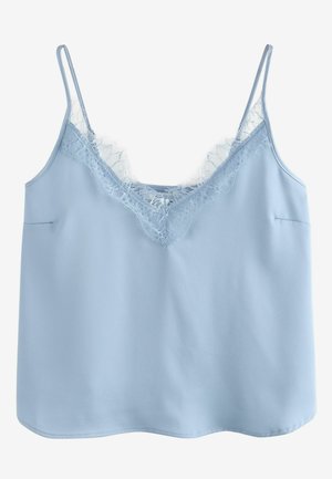 Canottiera azzurro chiaro senza maniche con spalline sottili e rifinitura in pizzo lungo lo scollo a V.