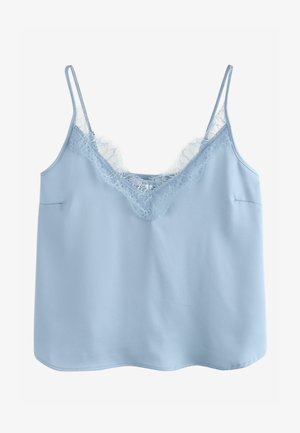 Canottiera azzurro chiaro senza maniche con spalline sottili e rifinitura in pizzo lungo lo scollo a V.