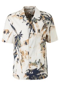 Camisa de manga corta con una base blanca y un estampado de palmeras tropicales en azul oscuro, verde oliva y beige. Cuello clásico y cierre de botones en la parte frontal.