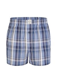 Modré kostkované boxerky mají elastický pás, knoflíkový zapínání a kombinaci světlých a tmavých modrých, šedých a bílých pruhů různých šířek.