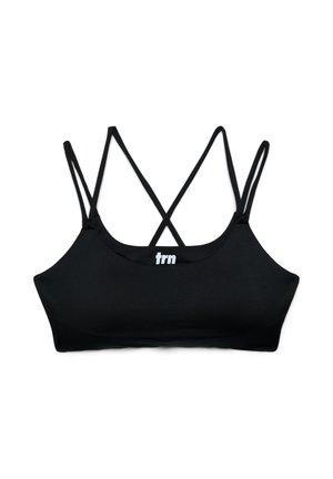 Reggiseno sportivo nero con spalline sottili regolabili incrociate. Realizzato in tessuto liscio con logo stampato sul davanti, presenta un design senza cuciture.