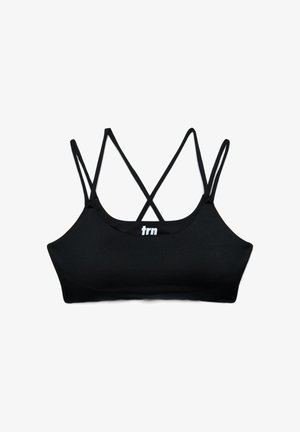 Reggiseno sportivo nero con spalline sottili regolabili incrociate. Realizzato in tessuto liscio con logo stampato sul davanti, presenta un design senza cuciture.