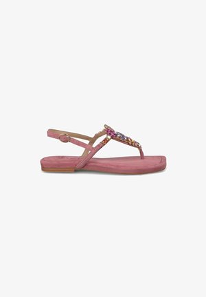 Roze platte sandalen met decoratieve strassaccenten, verstelbare enkelband en een textiele bovenkant. Slanke zool en minimalistisch ontwerp.