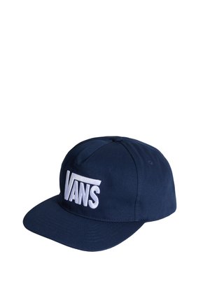 Mørkeblå seks-panels kasket med buet skygge og hvidt broderet "VANS" logo på frontpanelet.