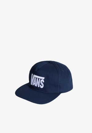Casquette bleu marine à six panneaux avec une visière courbée et un logo "VANS" blanc brodé sur le panneau avant.