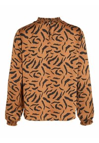 Blouse marron à manches longues avec des rayures abstraites de tigre noires, col et poignets élastiqués à volants, et une fermeture au dos avec bouton et ouverture en forme de goutte.