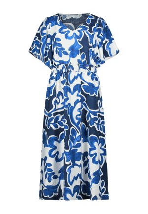 Robe blanche avec des motifs floraux et de feuilles bleus, manches courtes, col en V, et une taille élastique froncée au niveau du milieu.