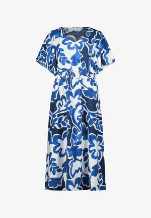 Robe blanche avec des motifs floraux et de feuilles bleus, manches courtes, col en V, et une taille élastique froncée au niveau du milieu.