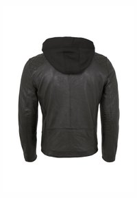 Schwarze Lederjacke mit gestepptem Design an Schultern und Ärmeln, mit Kapuze und texturierter Oberfläche. Glatte Außenseite.