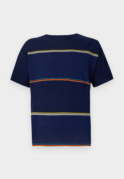 Short-sleeved navy T-shirt made of cotton, featuring horizontal stripes in red, green, blue, pink, and orange across the chest.
