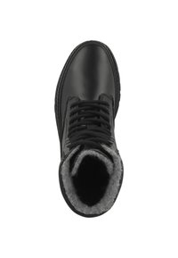 Black leather lace-up winter boot with padded gray fleece lining visible at the top, viewed from above against a white background.
