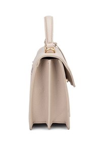 Borsa a tracolla in pelle beige con texture, dotata di manico superiore, caratterizzata da un design strutturato e dettagli in hardware dorato, vista di lato.