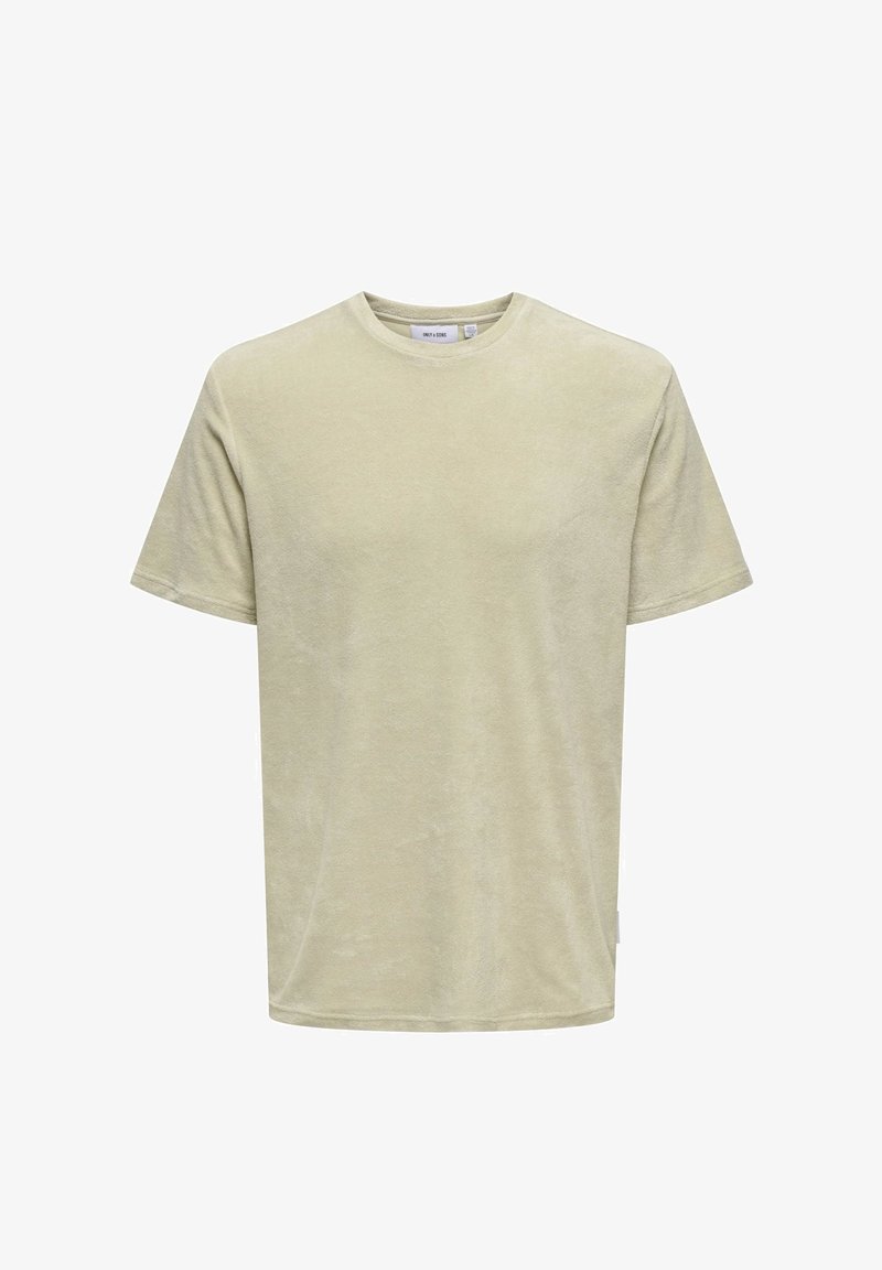 Hellgrünes, kurzärmeliges T-Shirt aus weichem Stoff. Es hat einen klassischen Rundhalsausschnitt und eine entspannte Passform. Keine sichtbaren Muster oder Akzente.