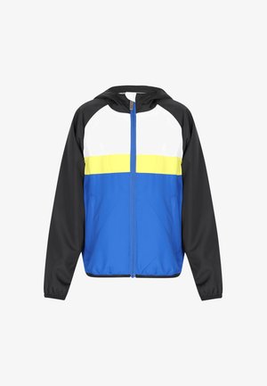 Kolorowa kurtka przeciwdeszczowa z niebieskim korpusem, białymi i żółtymi poziomymi paskami, czarnymi rękawami i kapturem. Zamek błyskawiczny z przodu, elastyczne mankiety.