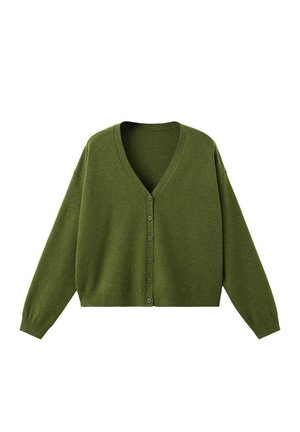 Cardigan vert olive boutonné, à manches longues et col en V, présenté à plat sur fond blanc.