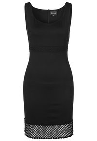Czarna, bezrękawnikowa sukienka o dopasowanym kroju, z teksturowanej tkaniny, koronkowym pasem w talii oraz detalem w postaci siateczki na dole. Zapięcie na zamek z tyłu.