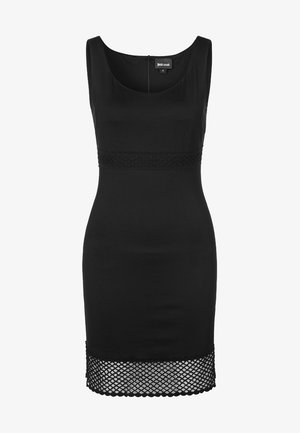 Vestido negro sin mangas con un diseño ajustado, tejido texturizado, cinturilla de encaje y un detalle de dobladillo de malla. Cierre con cremallera en la parte posterior.