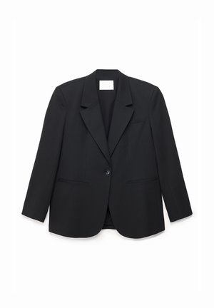 Sort enkeltknappet blazer med hakkede revers, to forlommer med slidser og lange ærmer, vist mod en hvid baggrund.