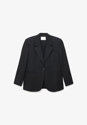 Blazer negro de un solo botón con solapas con muesca, dos bolsillos frontales con abertura y mangas largas, presentado sobre un fondo blanco.