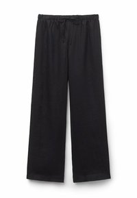 Svarta vida byxor i lättviktstyg, med ett elastiskt midjeband och snörning samt en slät, texturerad yta.