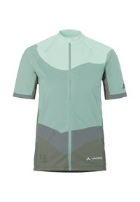 Maillot de cyclisme à manches courtes en teal clair et gris, doté d'une fermeture éclair sur toute la longueur, d'un motif géométrique et d'une texture douce et lisse.