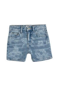 Pantalones cortos de mezclilla en azul claro con un patrón floral. Presentan cinco pockets, un cierre de botón y un dobladillo deshilachado. Corte clásico.