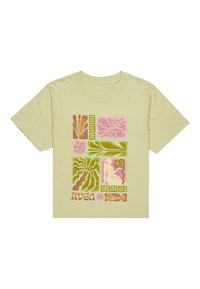 Light green cotton t-shirt featuring multicolored printed geometric and botanical patterns, including a silhouette figure and brand name.