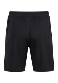Zwarte sportieve shorts, gemaakt van lichtgewicht stof, met een elastische tailleband en zijslitsen voor gemakkelijke beweging. Glad oppervlak overal.