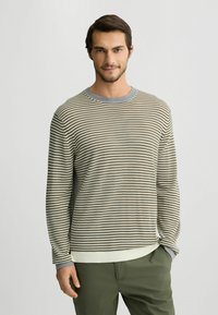 Gestreiftes Langarmhemd in Beige und Oliv mit grauen Akzenten, rundem Ausschnitt und gerippten Bündchen, aus weichem Stoff gefertigt.