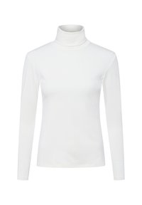 Weißes Langarm-Turtleneck-Oberteil aus glattem, dehnbarem Stoff. Mit hohem Kragen und taillierter Silhouette. Keine Muster oder Verzierungen.