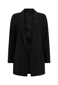 Blazer noir sur mesure avec revers crantés, manches longues et poches à rabat à l'avant, présenté sur un fond uni.