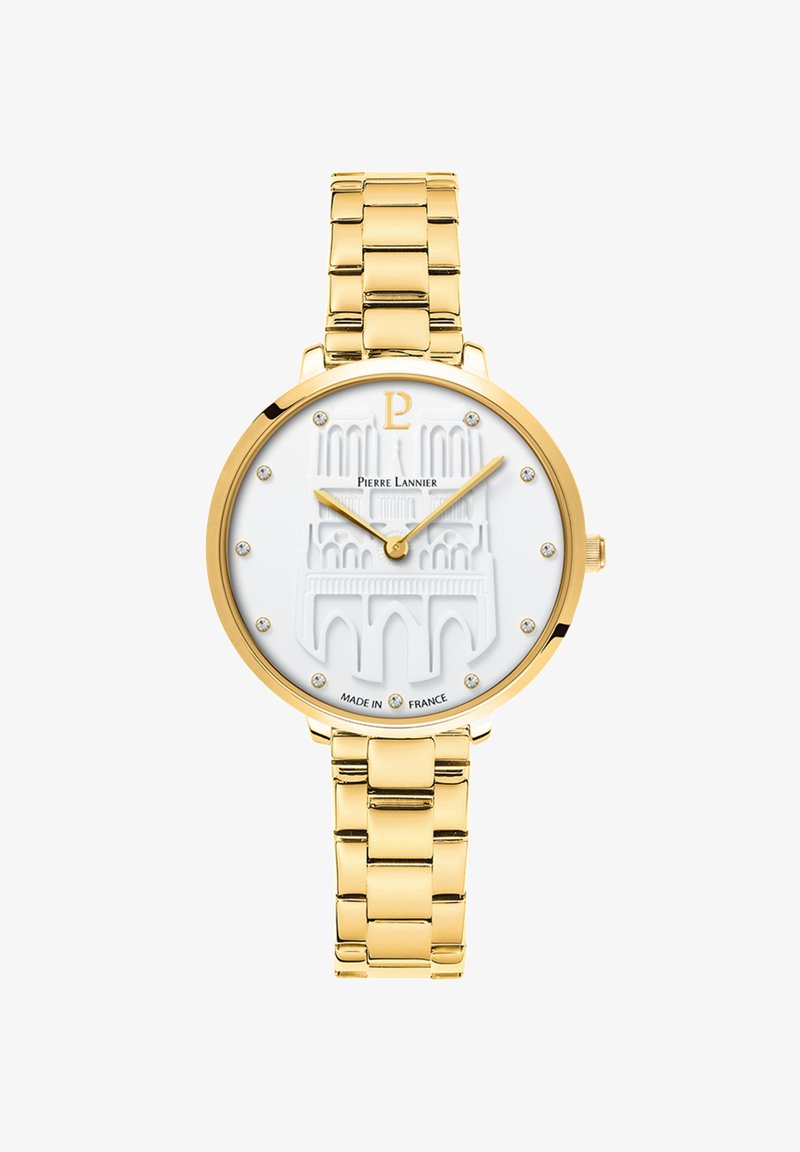 Orologio in acciaio inossidabile dorato con quadrante bianco testurizzato caratterizzato da un design a cattedrale e indicatori in cristallo. Movimento al quarzo, realizzato in Francia.