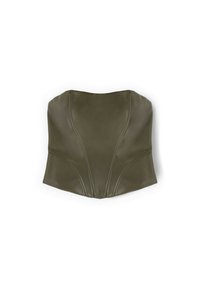 Top bustier senza spalline di colore verde oliva, realizzato in materiale liscio. Presenta cuciture curve e una forma sartoriale. Senza accessori o decorazioni.