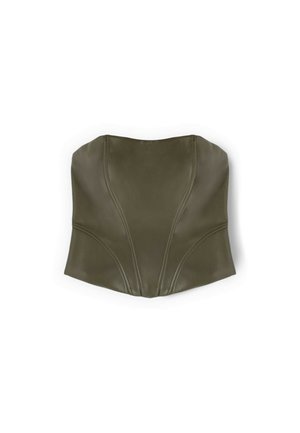 Olijfgroene, strapless buste top gemaakt van soepel materiaal. Heeft gebogen naden en een getailleerde vorm. Geen hardware of versieringen.