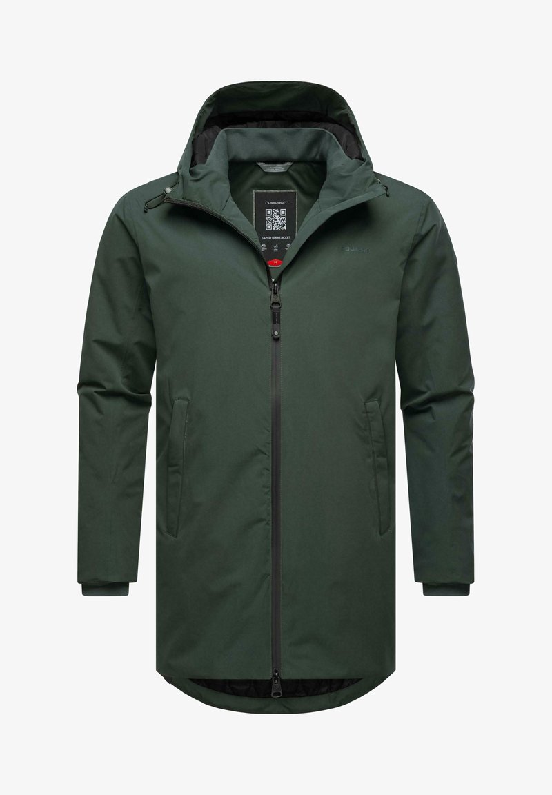 Temno zelena vodoodporna jakna z zadrgo spredaj, dvema stranskima žepoma, prilagodljivo kapuco in lepljenimi šivi za izboljšano trajnost.