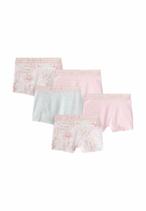 Fünf Damen-Boxershorts in Pastellrosa und Grau, drei davon mit Blumenmustern und elastischen Bund mit der Aufschrift "BAKER BY TED BAKER".