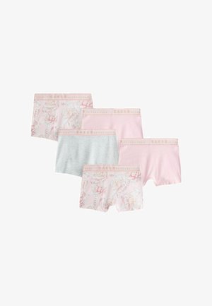 Cinque boxer da donna in tonalità pastello rosa e grigio, tre con motivi floreali e cinturini elastici con la scritta "BAKER BY TED BAKER."